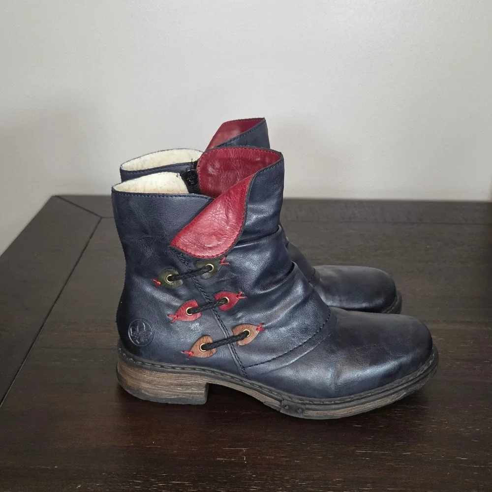 Rieker Ankle Boots Womens 8.5 EU 40 Navy Red Lined Zip Slouch Comfort
